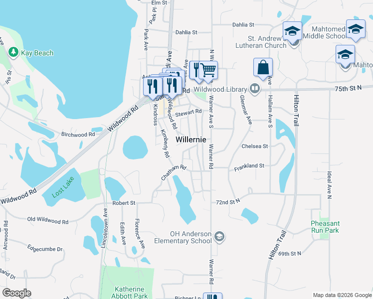 map of restaurants, bars, coffee shops, grocery stores, and more near 308 Milford Lane in Willernie