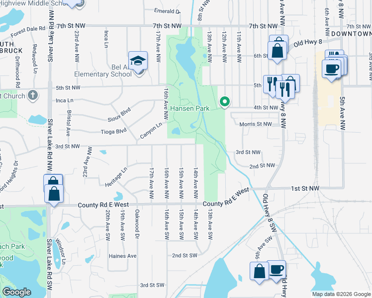 map of restaurants, bars, coffee shops, grocery stores, and more near 1490 3rd Street Northwest in New Brighton