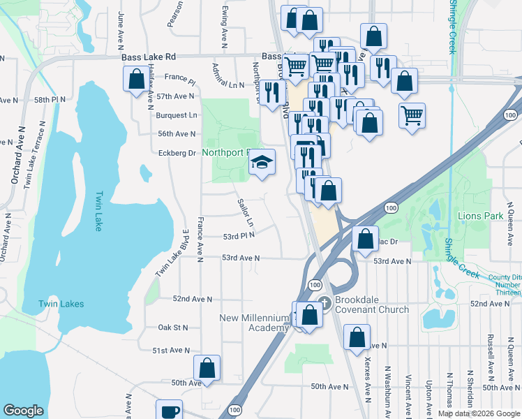map of restaurants, bars, coffee shops, grocery stores, and more near 5354 Northport Drive in Minneapolis