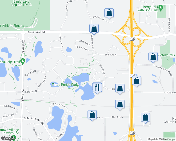 map of restaurants, bars, coffee shops, grocery stores, and more near 5525 Orleans Lane North in Plymouth