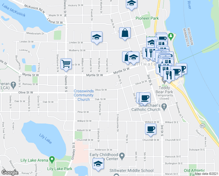 map of restaurants, bars, coffee shops, grocery stores, and more near 602 Olive Street West in Stillwater