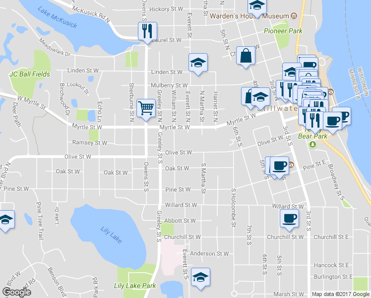 map of restaurants, bars, coffee shops, grocery stores, and more near 804 Olive Street West in Stillwater