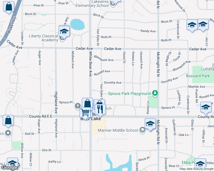 map of restaurants, bars, coffee shops, grocery stores, and more near 3720 Van Dyke Street in White Bear Lake