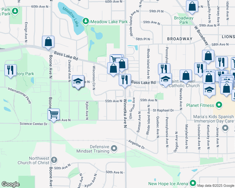 map of restaurants, bars, coffee shops, grocery stores, and more near 7940 55th Avenue North in New Hope