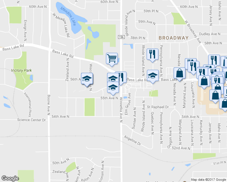 map of restaurants, bars, coffee shops, grocery stores, and more near 7940 55th Avenue North in New Hope
