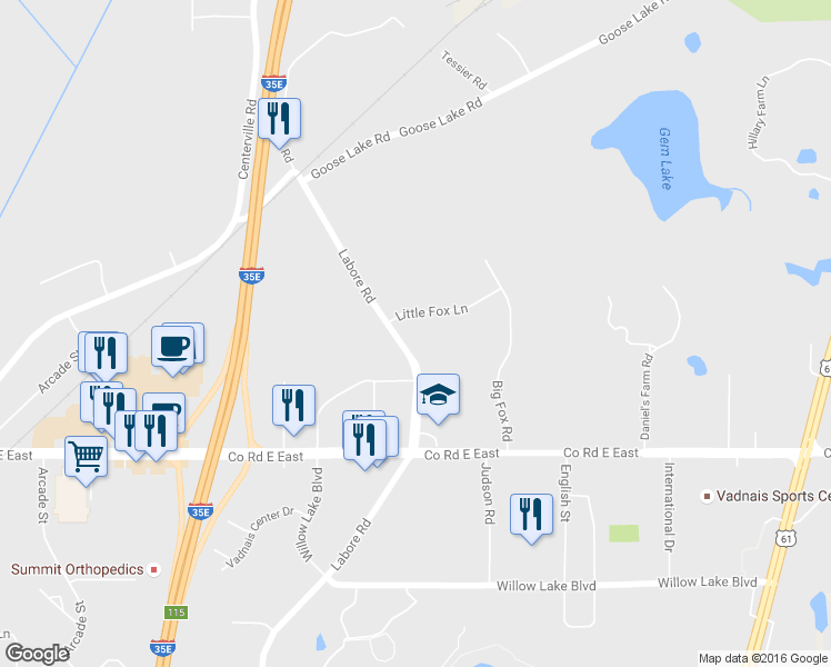 map of restaurants, bars, coffee shops, grocery stores, and more near 1180 Little Fox Ln in St Paul