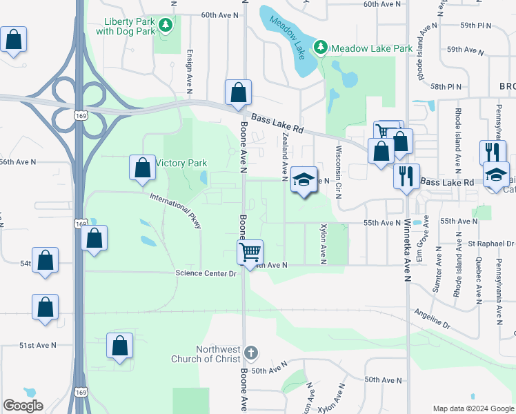 map of restaurants, bars, coffee shops, grocery stores, and more near 5500 Boone Avenue North in New Hope