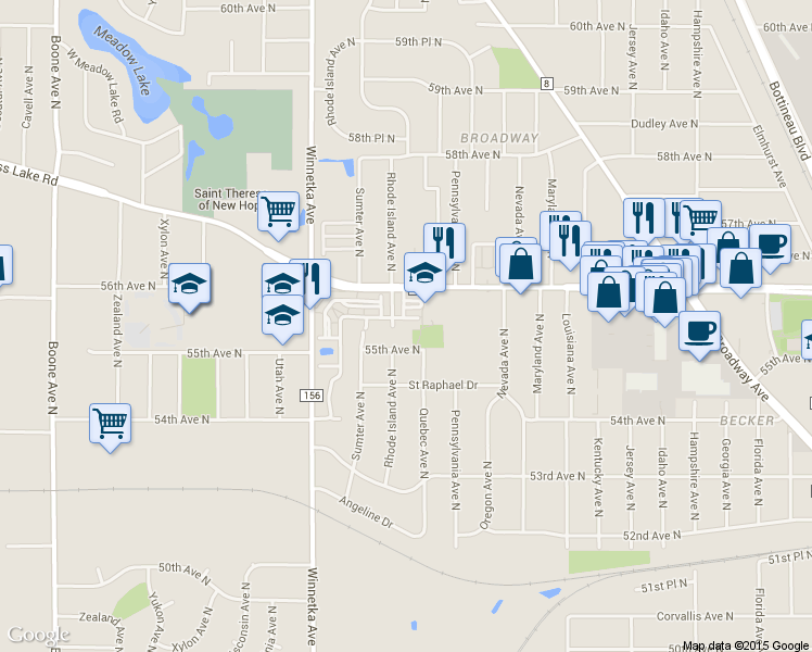 map of restaurants, bars, coffee shops, grocery stores, and more near 7613 Elm Grove Circle in Minneapolis
