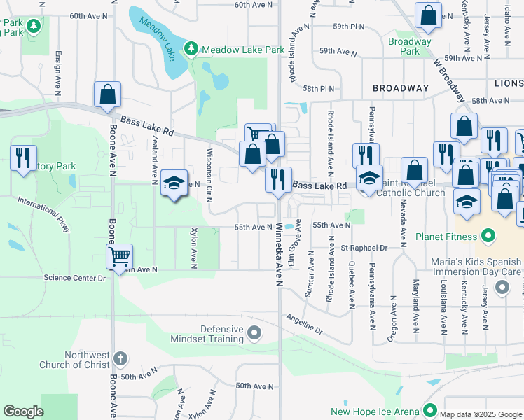 map of restaurants, bars, coffee shops, grocery stores, and more near 7908 55th Circle North in New Hope