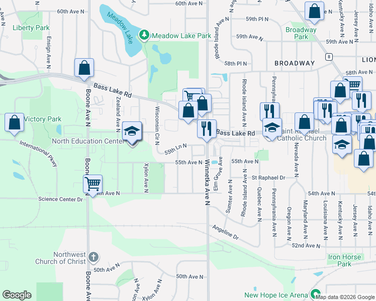 map of restaurants, bars, coffee shops, grocery stores, and more near 8020 55th Lane North in New Hope