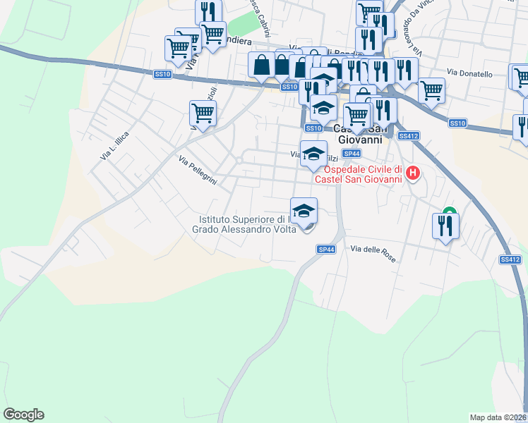 map of restaurants, bars, coffee shops, grocery stores, and more near 38/5 Via Silvio Pellico in Castel San Giovanni