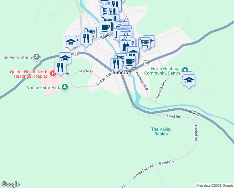 map of restaurants, bars, coffee shops, grocery stores, and more near 24 Sherbourne Street South in Bancroft