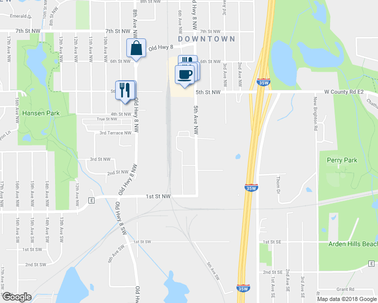 map of restaurants, bars, coffee shops, grocery stores, and more near 300 5th Avenue Northwest in New Brighton