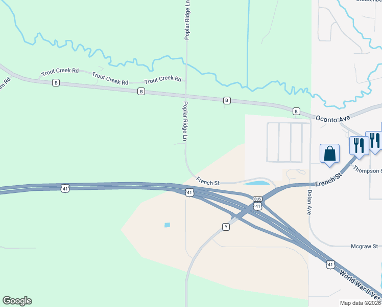 map of restaurants, bars, coffee shops, grocery stores, and more near N2642 Poplar Ridge Lane in Peshtigo