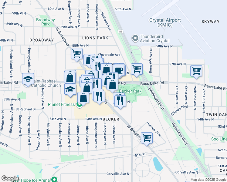 map of restaurants, bars, coffee shops, grocery stores, and more near 5542 West Broadway Avenue in Crystal