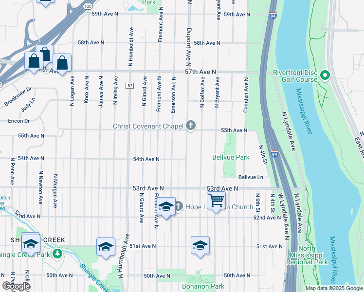map of restaurants, bars, coffee shops, grocery stores, and more near 5433 North Dupont Avenue in Minneapolis