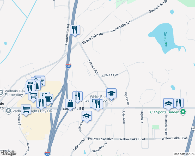 map of restaurants, bars, coffee shops, grocery stores, and more near 3717 Labore Road in Saint Paul