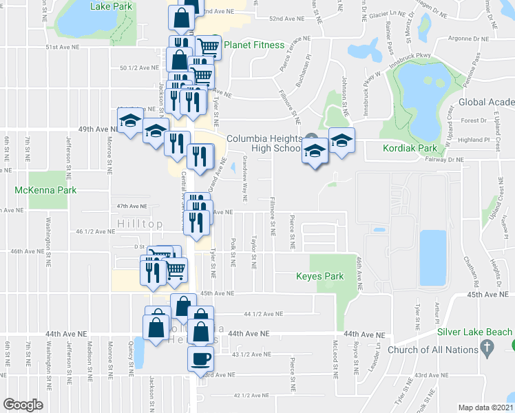 map of restaurants, bars, coffee shops, grocery stores, and more near 1154 Cheery Lane Northeast in Minneapolis