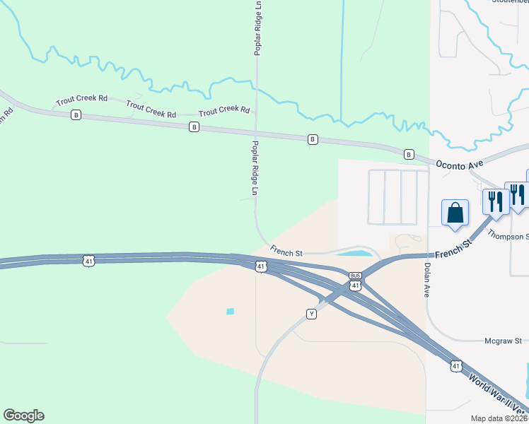 map of restaurants, bars, coffee shops, grocery stores, and more near N2642 Poplar Ridge Lane in Peshtigo