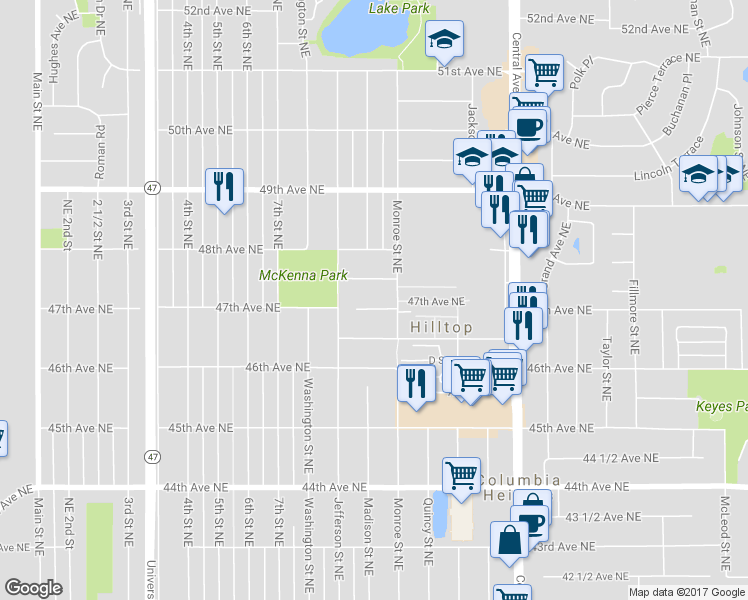 map of restaurants, bars, coffee shops, grocery stores, and more near 669 47th Avenue Northeast in Minneapolis