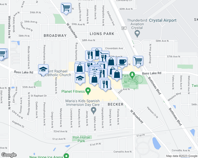 map of restaurants, bars, coffee shops, grocery stores, and more near 99 Willow Bend in Crystal
