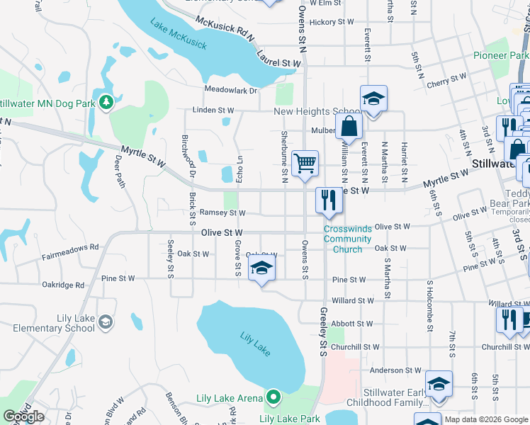 map of restaurants, bars, coffee shops, grocery stores, and more near 1126 Ramsey Street West in Stillwater