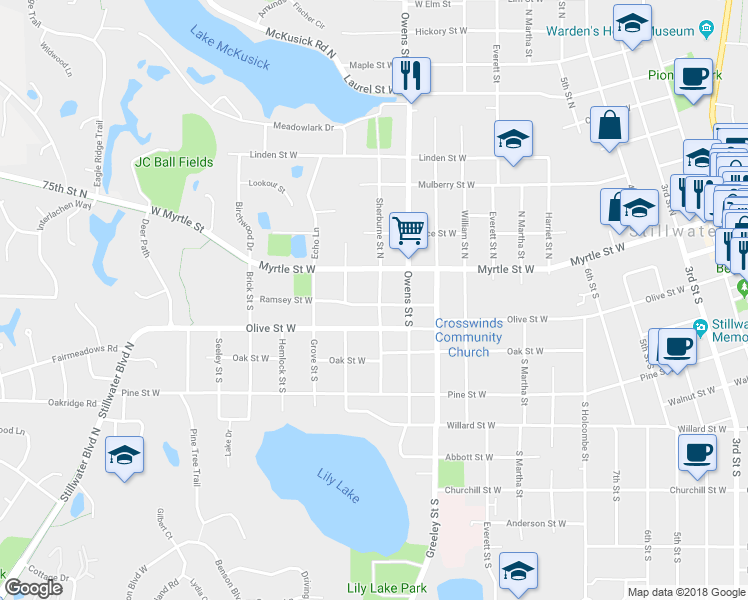 map of restaurants, bars, coffee shops, grocery stores, and more near 124 Sherburne Street South in Stillwater