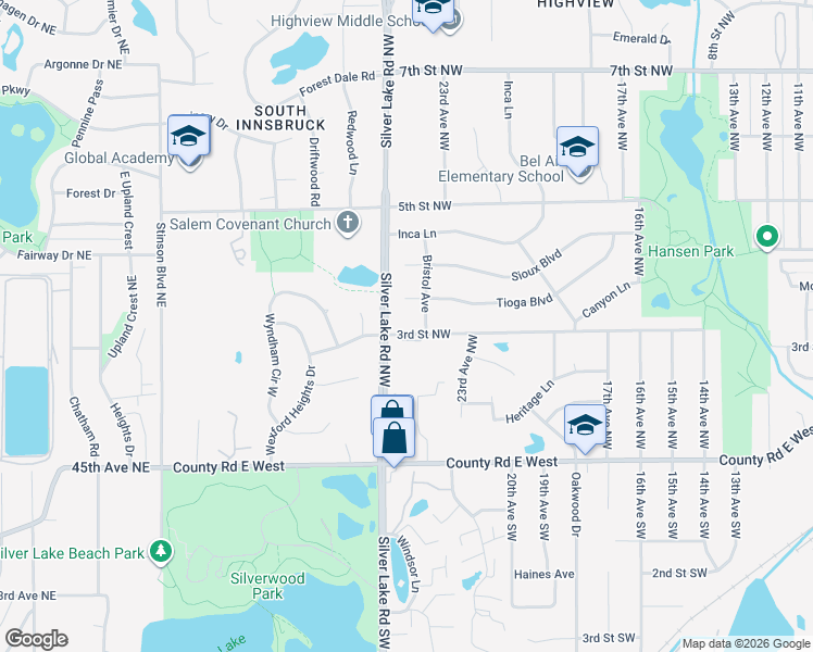 map of restaurants, bars, coffee shops, grocery stores, and more near 2360 3rd Street Northwest in New Brighton