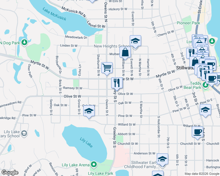 map of restaurants, bars, coffee shops, grocery stores, and more near 125 Owens Street South in Stillwater