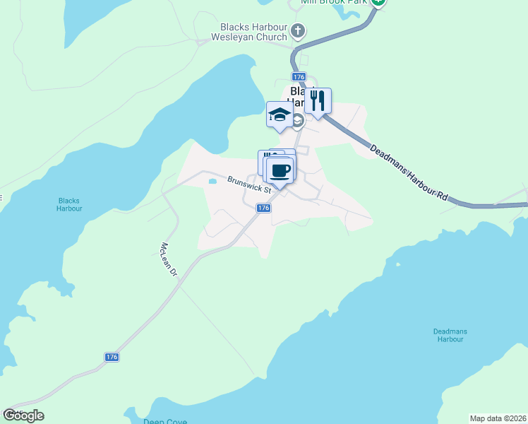 map of restaurants, bars, coffee shops, grocery stores, and more near 37 Wallace Cove Road in Blacks Harbour