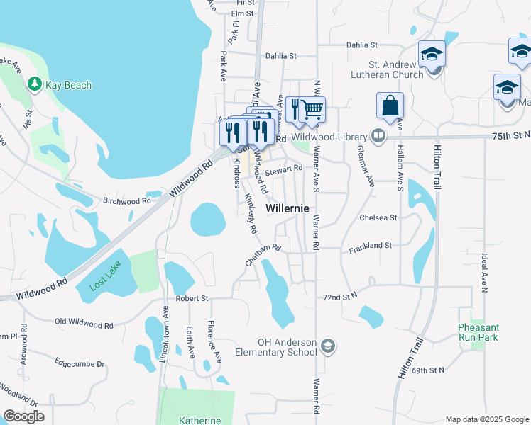 map of restaurants, bars, coffee shops, grocery stores, and more near 308 Milford Lane in Willernie