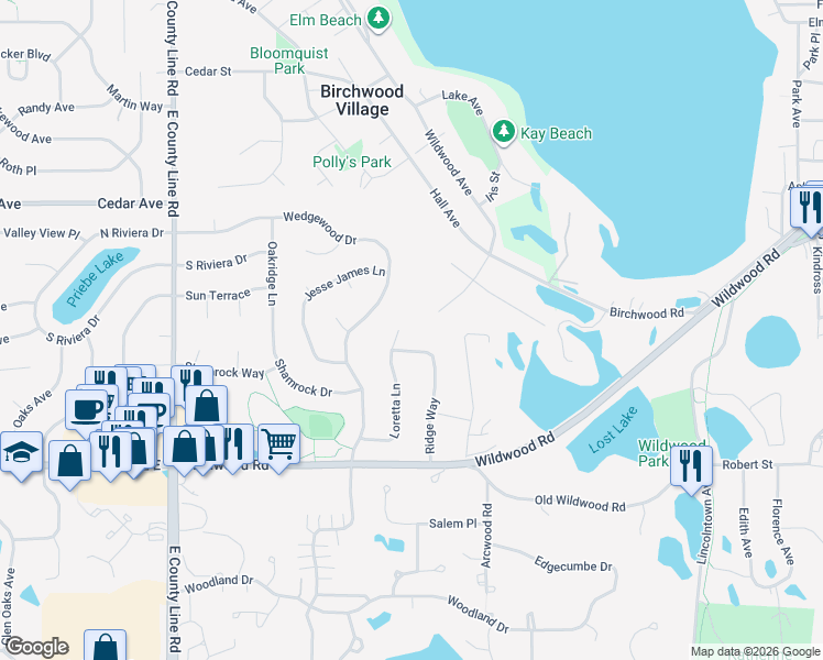 map of restaurants, bars, coffee shops, grocery stores, and more near 199 Loretta Lane in White Bear Lake