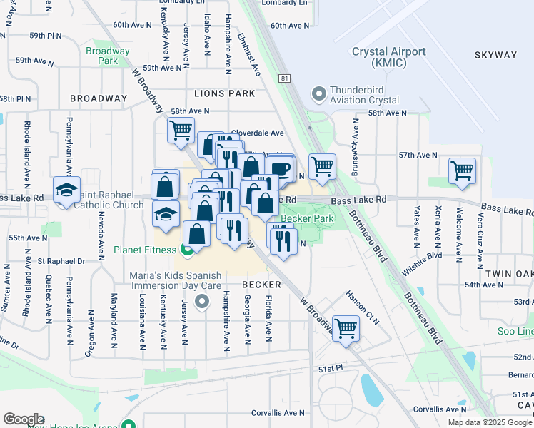 map of restaurants, bars, coffee shops, grocery stores, and more near 5542 West Broadway Avenue in Crystal