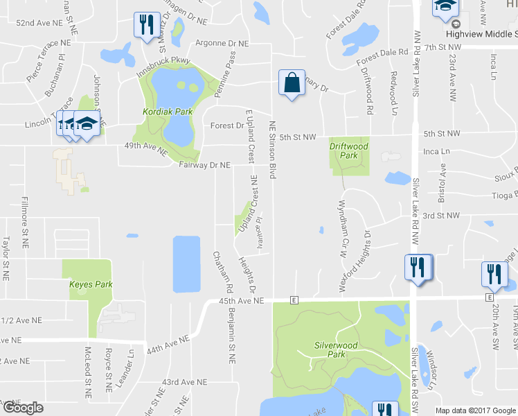 map of restaurants, bars, coffee shops, grocery stores, and more near 4713 Upland Crest Northeast in Minneapolis