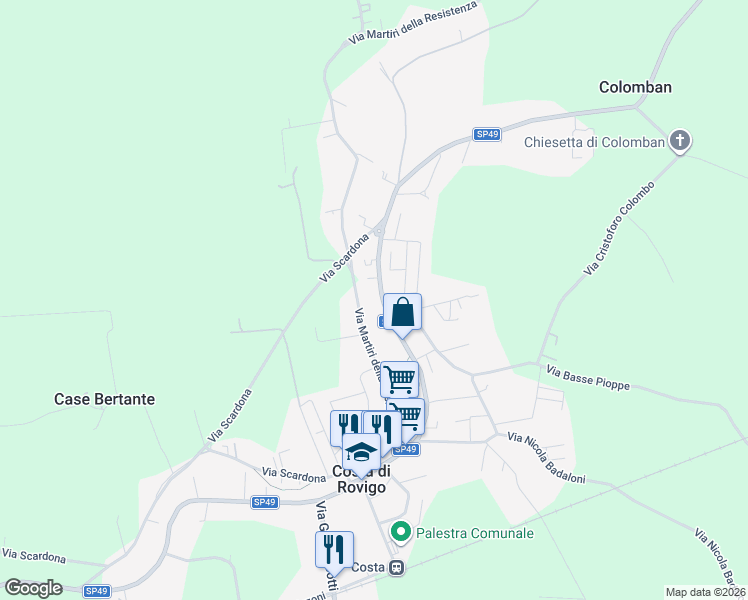 map of restaurants, bars, coffee shops, grocery stores, and more near 381 Via A. de Gasperi in Costa di Rovigo