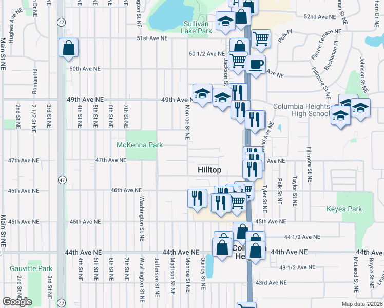 map of restaurants, bars, coffee shops, grocery stores, and more near 706 47 1/2 Avenue Northeast in Minneapolis