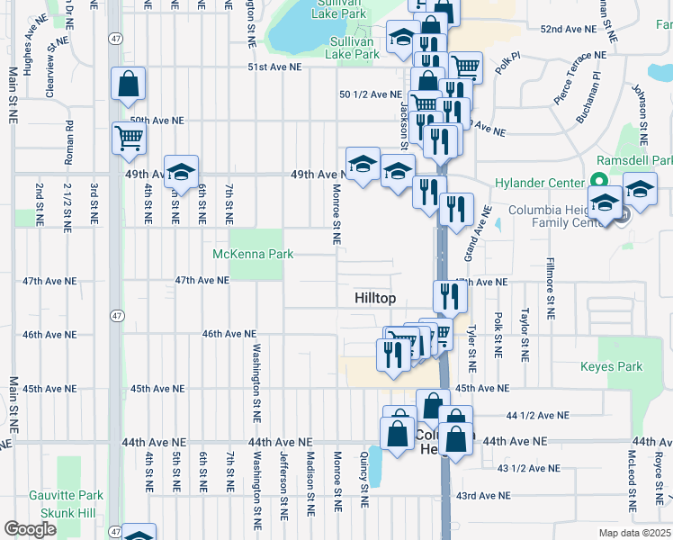 map of restaurants, bars, coffee shops, grocery stores, and more near 706 47 1/2 Avenue Northeast in Minneapolis