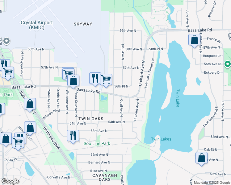 map of restaurants, bars, coffee shops, grocery stores, and more near 5104 County Road 10 in Crystal