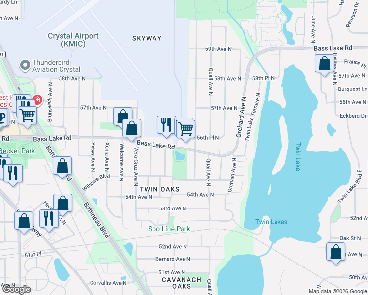 map of restaurants, bars, coffee shops, grocery stores, and more near 5212 56th Avenue North in Crystal