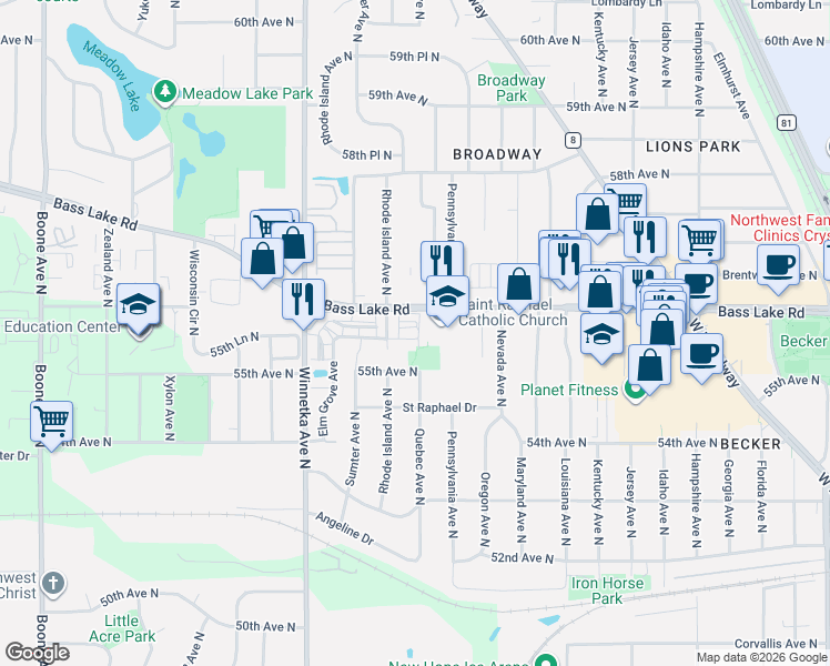 map of restaurants, bars, coffee shops, grocery stores, and more near 7613 Elm Grove Circle in Minneapolis