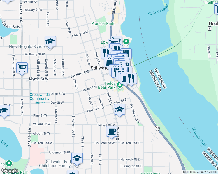 map of restaurants, bars, coffee shops, grocery stores, and more near 311 3rd Street South in Stillwater