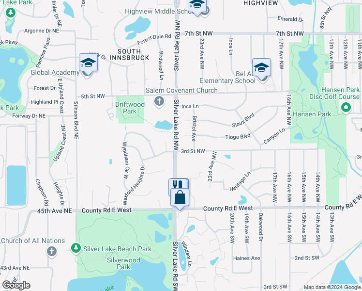 map of restaurants, bars, coffee shops, grocery stores, and more near 321 Silver Lake Road Northwest in New Brighton
