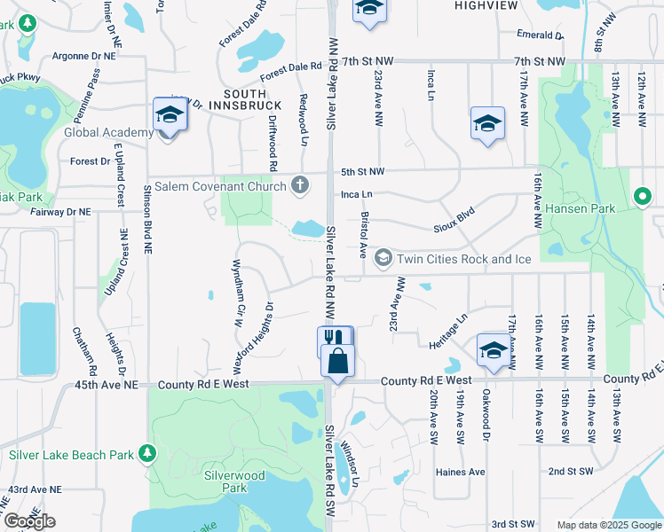 map of restaurants, bars, coffee shops, grocery stores, and more near 321 Silver Lake Road Northwest in New Brighton