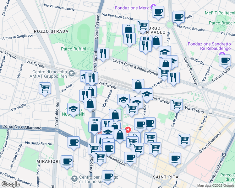 map of restaurants, bars, coffee shops, grocery stores, and more near 10 Via Amalia Guglielminetti 10 in Torino
