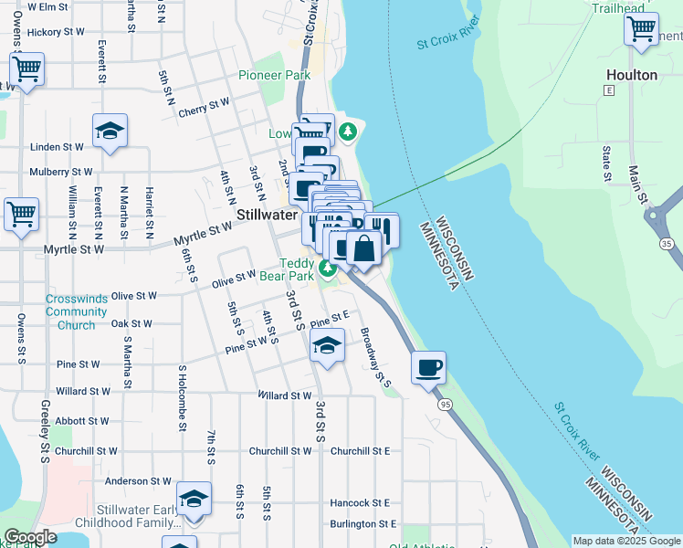 map of restaurants, bars, coffee shops, grocery stores, and more near 402 Main Street South in Stillwater