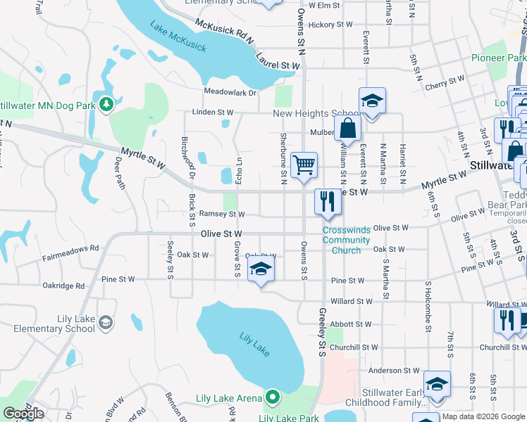 map of restaurants, bars, coffee shops, grocery stores, and more near 1126 Ramsey Street West in Stillwater