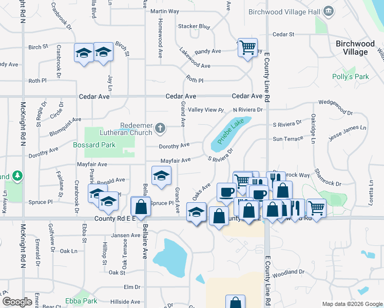 map of restaurants, bars, coffee shops, grocery stores, and more near 2587 Mayfair Avenue in White Bear Lake