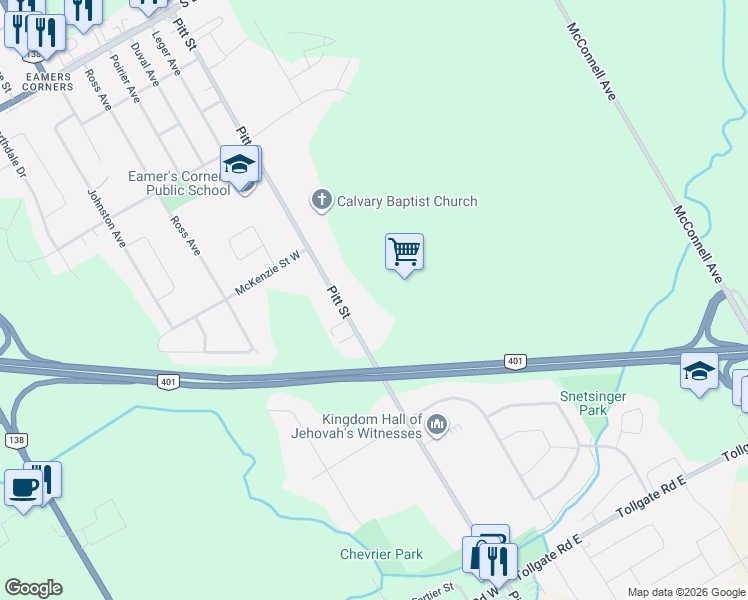 map of restaurants, bars, coffee shops, grocery stores, and more near 2135 Pitt Street in Cornwall