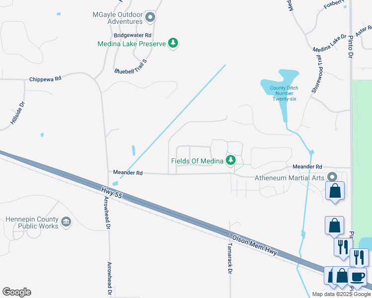 map of restaurants, bars, coffee shops, grocery stores, and more near 4165 Fescue Drive in Medina