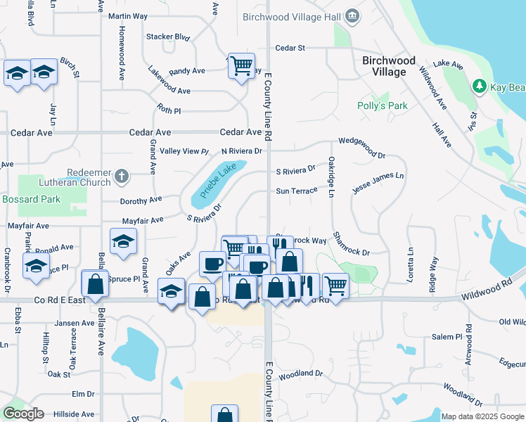 map of restaurants, bars, coffee shops, grocery stores, and more near 2733 Mayfair Court in White Bear Lake